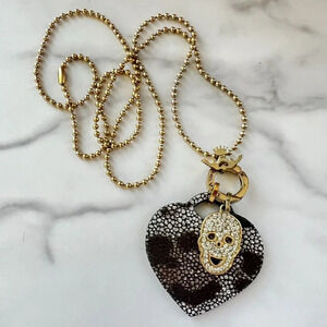 Leather Heart and Crystal Skull Charm Necklace